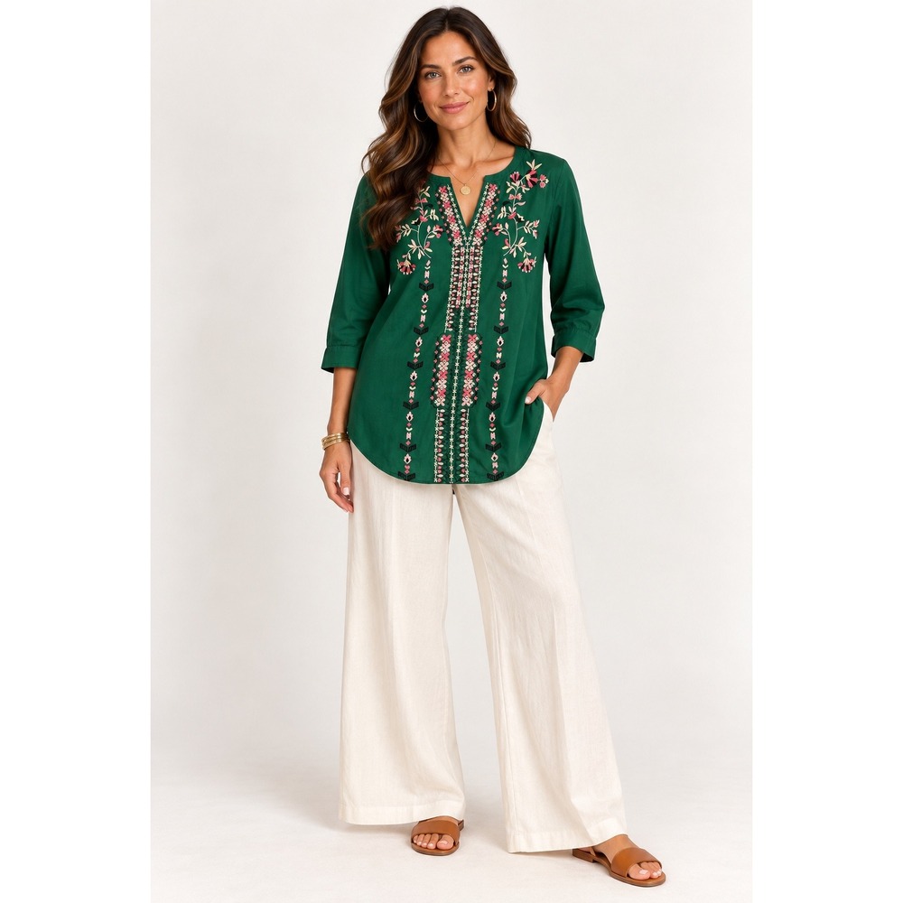 J.Jill Women's XL Green Embroidered Cotton Tunic Top Boho 3/4 Sleeve
